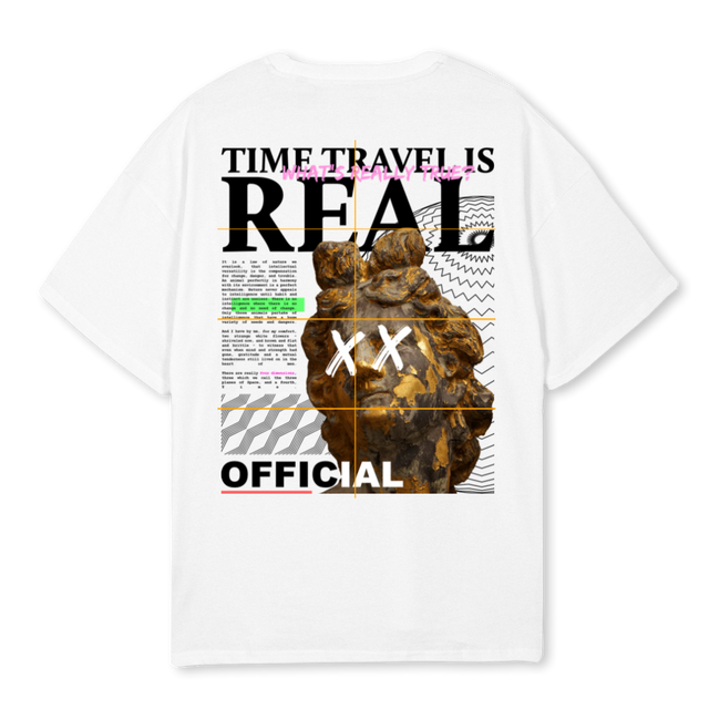 TIMETRAVELADXRE White Oversized Tee.