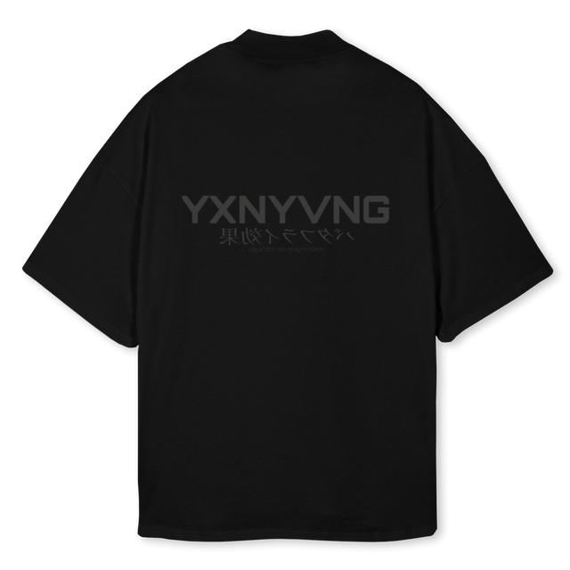 SUNSETYXN Black Oversized Mock Neck Tee.