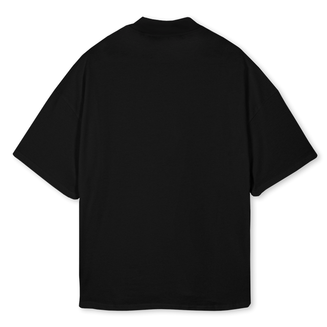 EBEBUTALISMANTEE Black Oversized Mock Neck Tee.