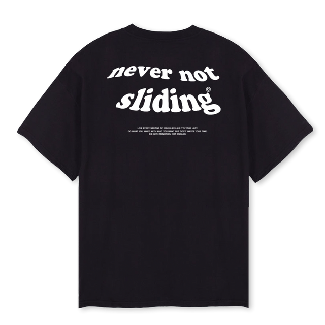 NEVER NOT SLIDING Black Oversized Tee.