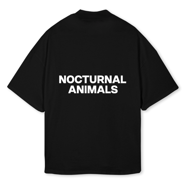 NITE CROWD Black Oversized Mock Neck Tee.